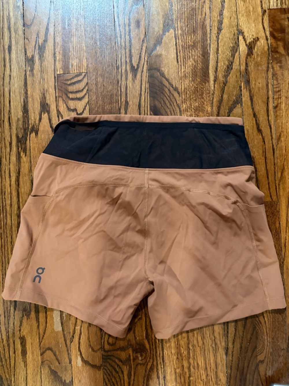 On Running Women’s Rust/Tan Athletic Shorts with Black Waist Panels with Pockets - Picture 2 of 2